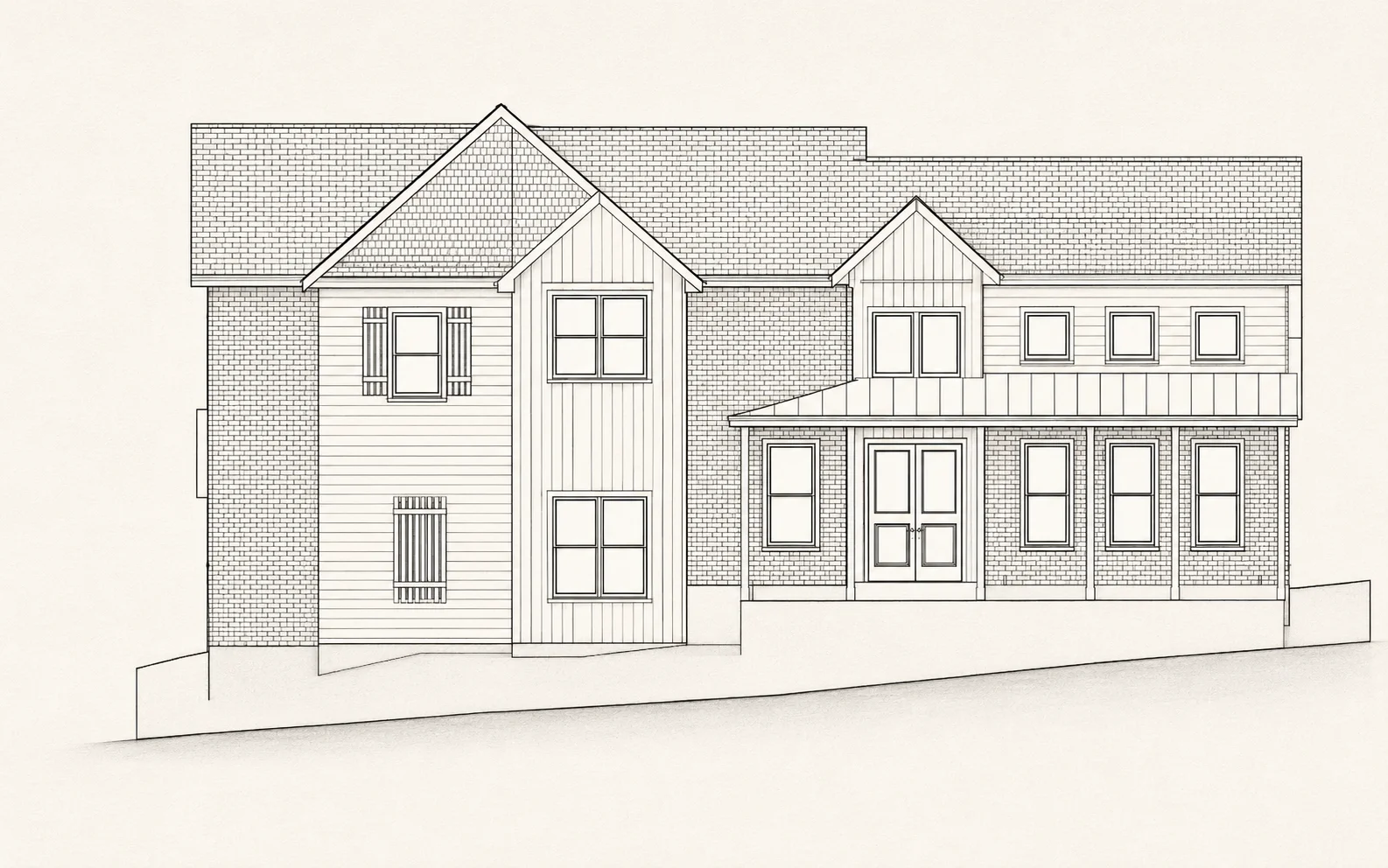Residential elevation drawing showing rooflines, windows, and exterior materials