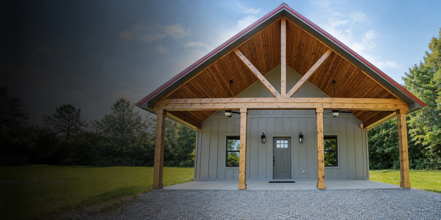 Natural timber beams frame the entrance and covered porch of a retreat — edited project photograph